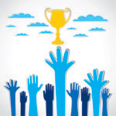 Hands reaching toward a trophy