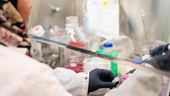 An investigator's hands drop solution into a test tube.